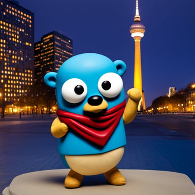 Go Blue Gopher explores Berlin, Alexanderplatz, eating donner