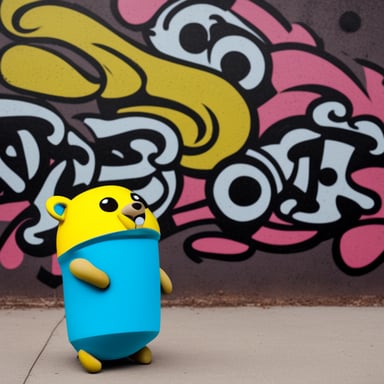 Go Blue Gopher beside a graffiti wall holding a can of spray paint