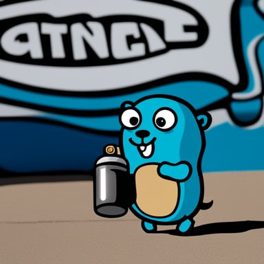 Go Blue Gopher beside a graffiti wall holding a can of spray paint