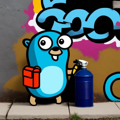 Go Blue Gopher beside a graffiti wall holding a can of spray paint