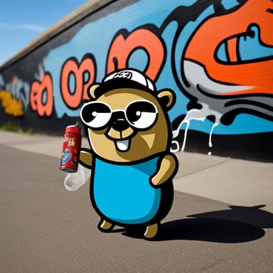 Go Blue Gopher beside a graffiti wall holding a can of spray paint