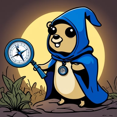 A go blue gopher enveloped in mystery, cloaked and holding a compass, embarking on a secret quest.