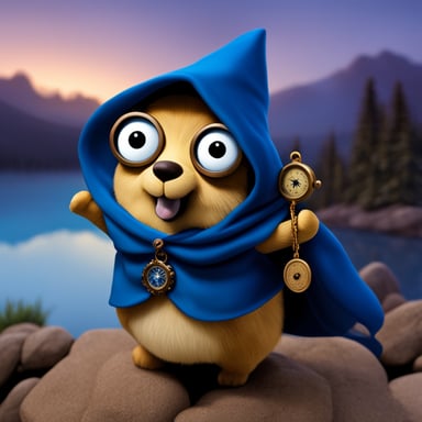 A go blue gopher enveloped in mystery, cloaked and holding a compass, embarking on a secret quest.