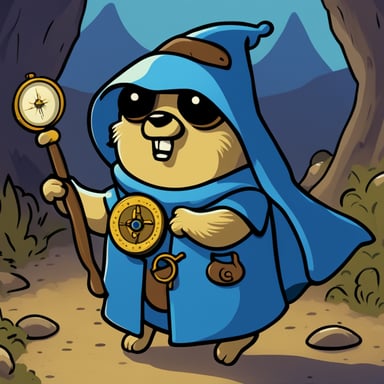 A go blue gopher enveloped in mystery, cloaked and holding a compass, embarking on a secret quest.