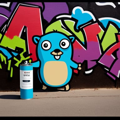 Go Blue Gopher beside a graffiti wall with GopherCon Europe written on it, holding a can of spray paint.