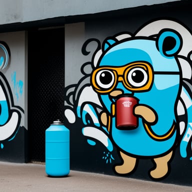 Go Blue Gopher beside a graffiti wall with GopherCon Europe written on it, holding a can of spray paint.