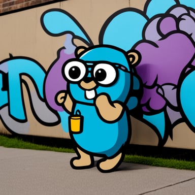Go Blue Gopher beside a graffiti wall with GopherCon Europe written on it, holding a can of spray paint.