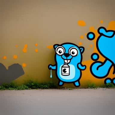 Go Blue Gopher beside a graffiti wall with GopherCon Europe written on it, holding a can of spray paint.