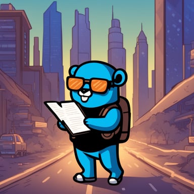Go Blue Gopher stands in the middle of Silicon Valley in cyberpunk style and holds lists in both hands.