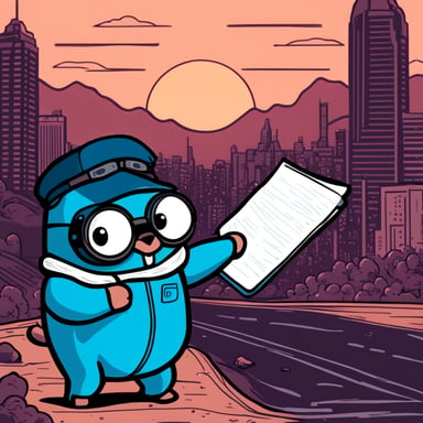 Go Blue Gopher stands in the middle of Silicon Valley in cyberpunk style and holds lists in both hands.