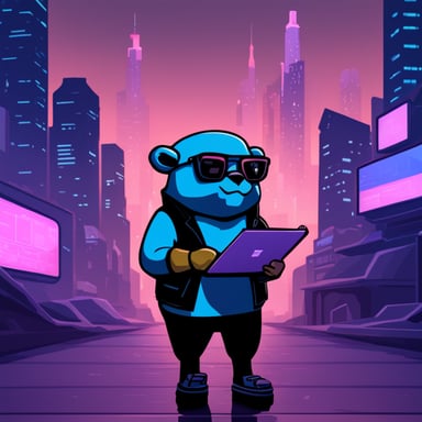 Go Blue Gopher stands in the middle of Silicon Valley in cyberpunk style and holds lists in both hands.