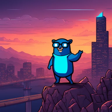 Go Blue Gopher stands in the middle of Silicon Valley in a cyberpunk style, with lightning striking from both hands towards high towers located at opposite ends of the River Styx.