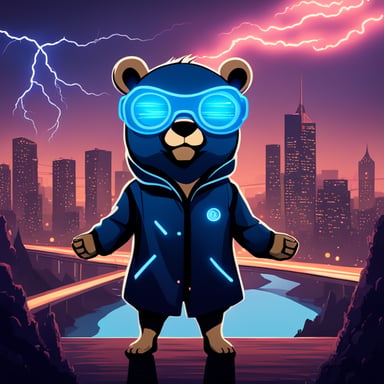 Go Blue Gopher stands in the middle of Silicon Valley in a cyberpunk style, with lightning striking from both hands towards high towers located at opposite ends of the River Styx.