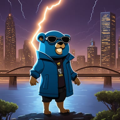 Go Blue Gopher stands in the middle of Silicon Valley in a cyberpunk style, with lightning striking from both hands towards high towers located at opposite ends of the River Styx.
