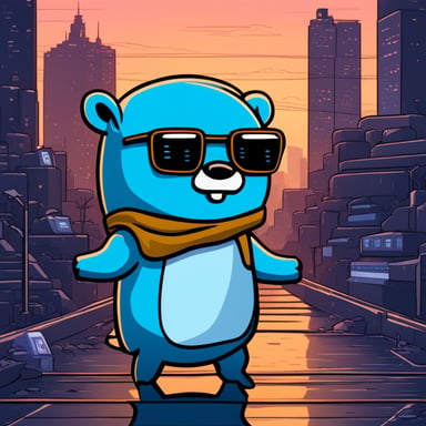 Go Blue Gopher stands in the middle of Silicon Valley in a cyberpunk style, with lightning striking from both hands towards high towers located at opposite ends of the River Styx.