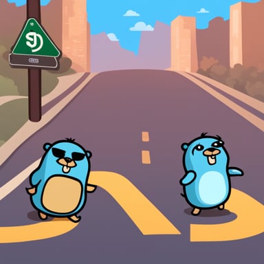 Go Blue Gopher sits on one side of the intersection, encrypts the SSL certificate, and transfers packets to another Go Blue Gopher sitting on the other side of the intersection.