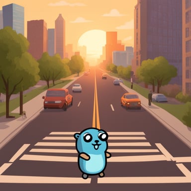 Go Blue Gopher sits on one side of the intersection, encrypts the SSL certificate, and transfers packets to another Go Blue Gopher sitting on the other side of the intersection.