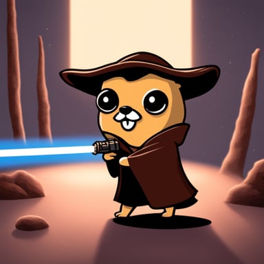 Go Blue Gopher holding a lightsaber in a Star Wars movie.