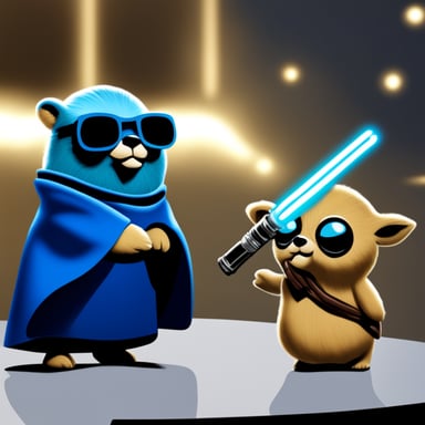 Go Blue Gopher holding a lightsaber in a Star Wars movie.