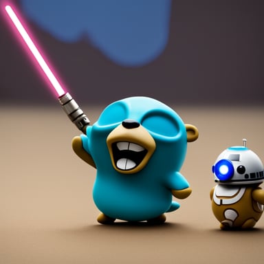Go Blue Gopher holding a lightsaber in a Star Wars movie.