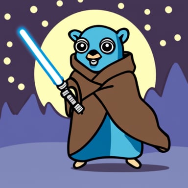 Go Blue Gopher holding a lightsaber in a Star Wars movie.