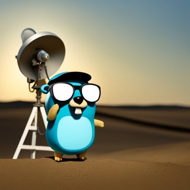 Go blue gopher wearing sunglasses looking at a satellite antenna.