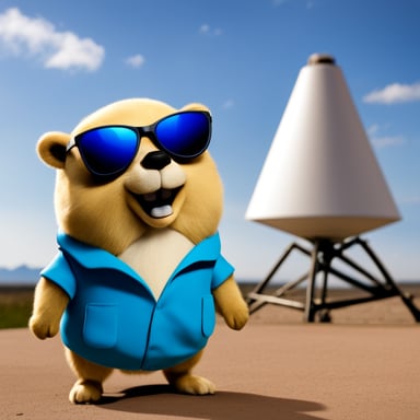 Go blue gopher wearing sunglasses looking at an array of satellite antennas.