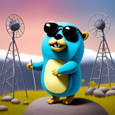 Go blue gopher wearing sunglasses looking at an array of satellite antennas.