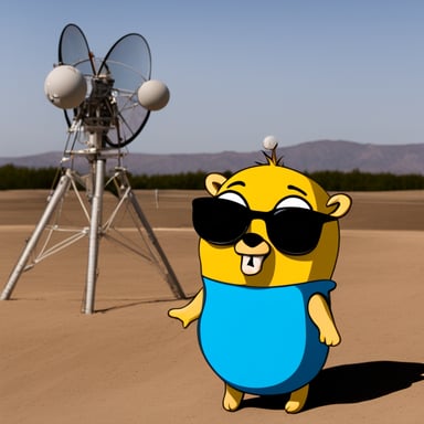 Go blue gopher wearing sunglasses looking at an array of satellite antennas.
