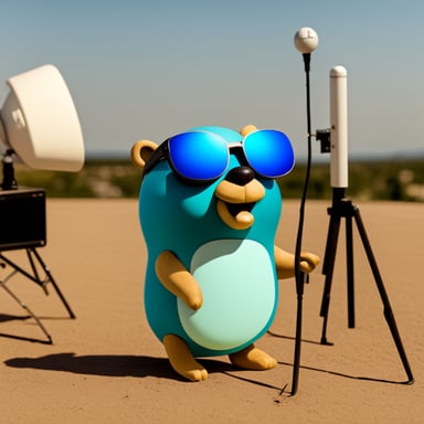 Go blue gopher wearing sunglasses looking at an array of satellite antennas.