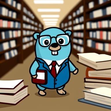 Go Blue Gopher, dressed like a lawyer, stands in the middle of a library reading a list of rules.