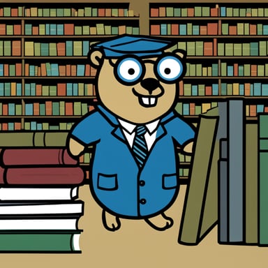 Go Blue Gopher, dressed like a lawyer, stands in the middle of a library reading a list of rules.