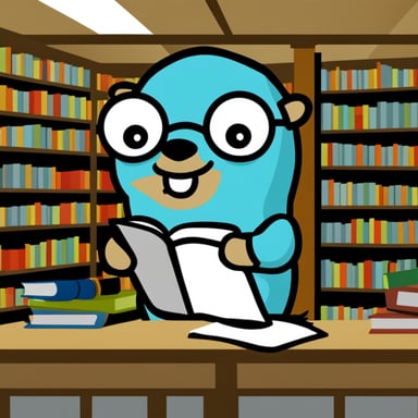 Go Blue Gopher, dressed like a lawyer, stands in the middle of a library reading a list of rules.