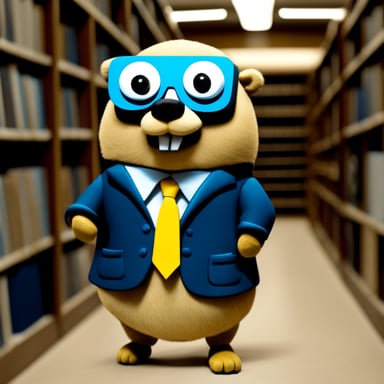 Go Blue Gopher, dressed like a lawyer, stands in the middle of a library reading a list of rules.