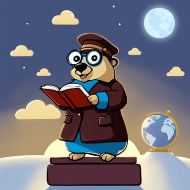 Go Blue Gopher, dressed like a lawyer, stands on top of the globe, reading a book entitled API that he holds in his hands.