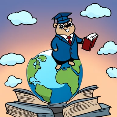 Go Blue Gopher, dressed like a lawyer, stands on top of the globe, reading a book entitled API that he holds in his hands.