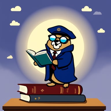 Go Blue Gopher, dressed like a lawyer, stands on top of the globe, reading a book entitled API that he holds in his hands.