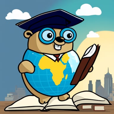 Go Blue Gopher, dressed like a lawyer, stands on top of the globe, reading a book entitled API that he holds in his hands.