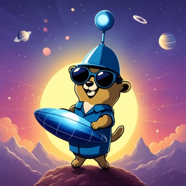 Go Blue Gopher is juggling three telecommunication satellites, wearing dark glasses, with the sun behind him.