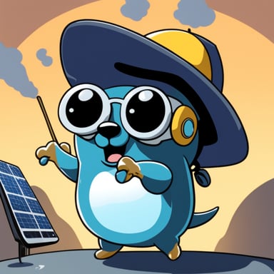 Go Blue Gopher is juggling three telecommunication satellites, wearing dark glasses, with the sun behind him.