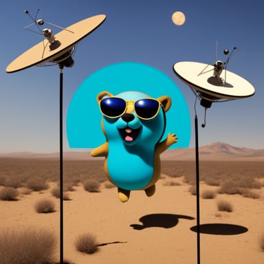 Go Blue Gopher is juggling three telecommunication satellites, wearing dark glasses, with the sun behind him.
