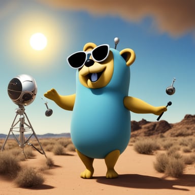 Go Blue Gopher is juggling three telecommunication satellites, wearing dark glasses, with the sun behind him.