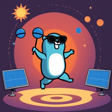 Go Blue Gopher juggling three telecommunication satellites, wearing dark glasses, with the sun behind him.