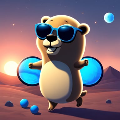 Go Blue Gopher juggling three telecommunication satellites, wearing dark glasses, with the sun behind him.