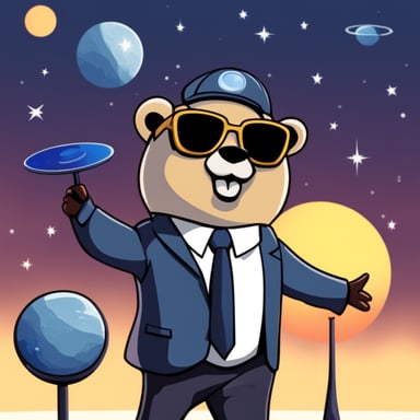 Go Blue Gopher juggling three telecommunication satellites, wearing dark glasses, with the sun behind him.
