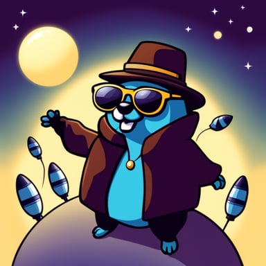 Go Blue Gopher juggling three telecommunication satellites, wearing dark glasses, with the sun behind him.