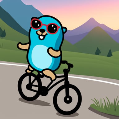 A go blue gopher riding a bike near a mountain.
