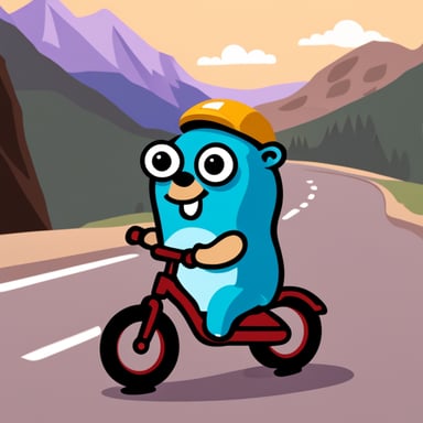 A go blue gopher riding a bike near a mountain.