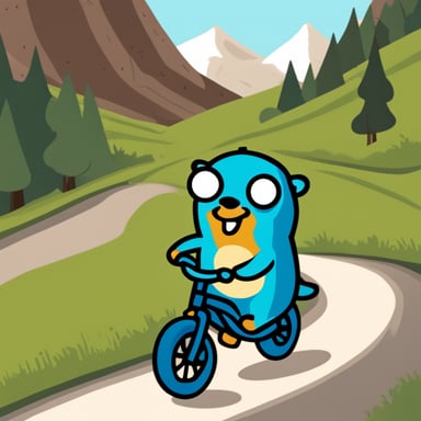 A go blue gopher riding a bike near a mountain.