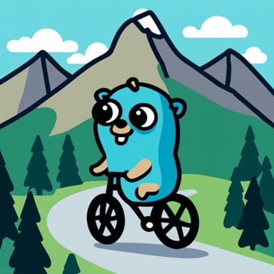 A go blue gopher riding a bike near a mountain.